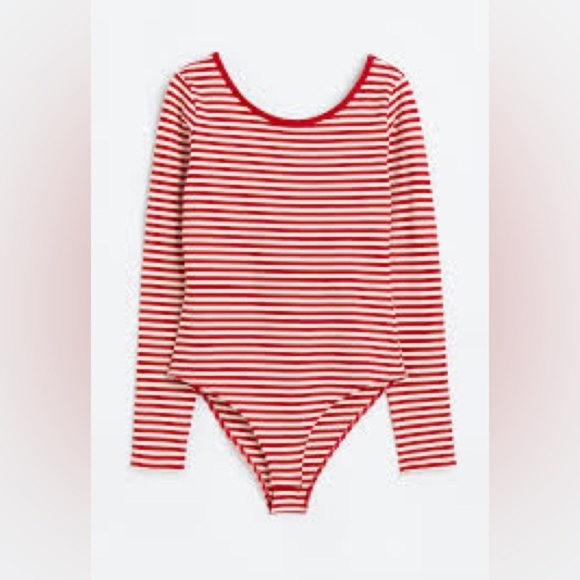 H&M - Red And White Stripe Low Criss Cross Back Long Sleeve Bodysuit Size Small - Picture 1 of 10